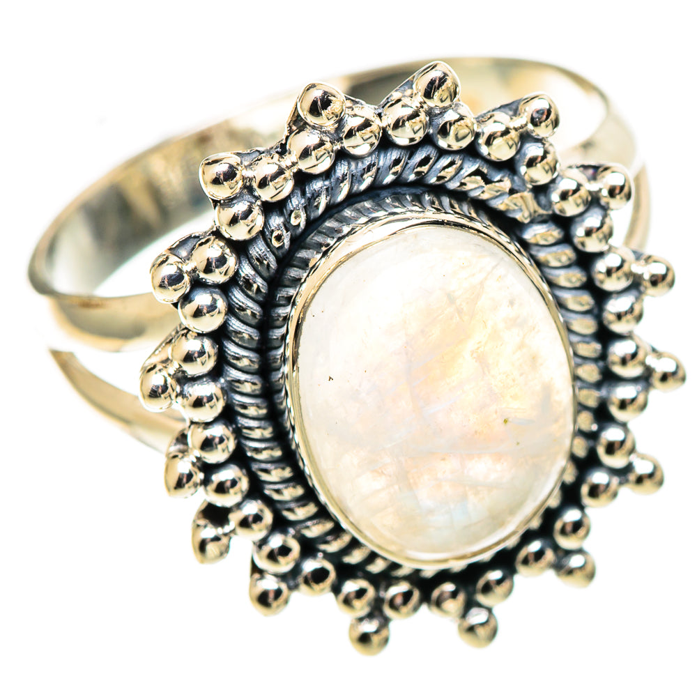 Sterling silver moonstone ring with oval opal center and bead border, size 8.5