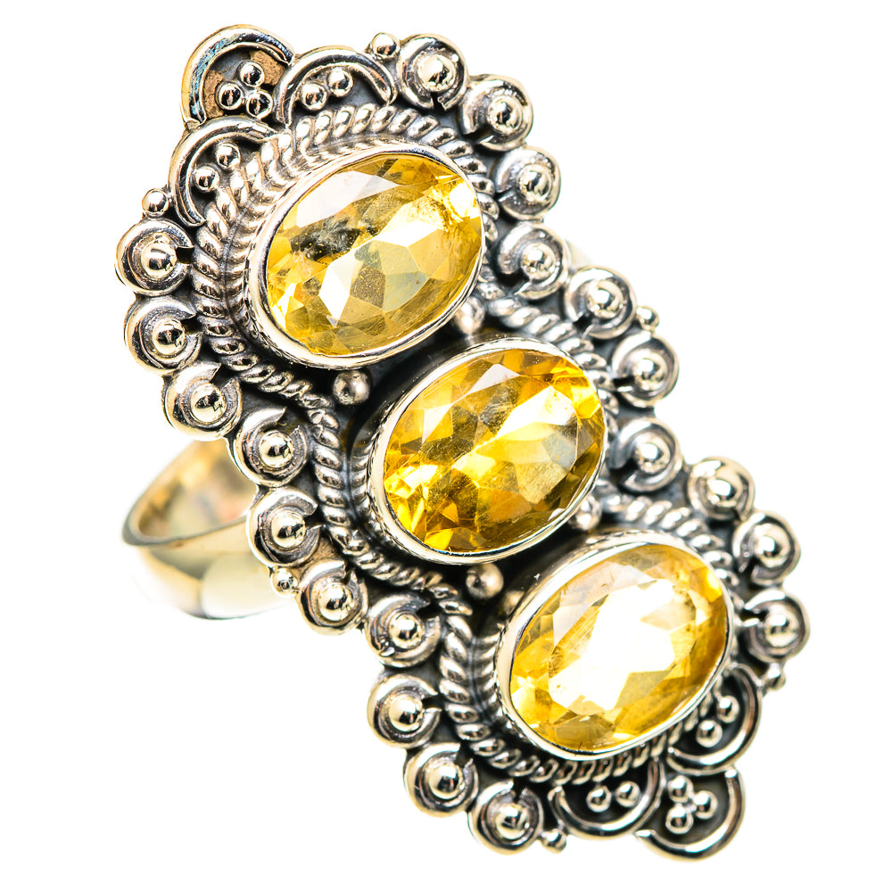 Large faceted citrine ring with three oval yellow stones, 925 sterling silver