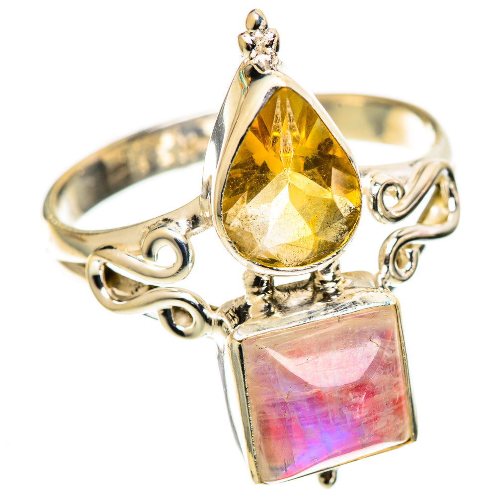 Sterling silver ring with pear-cut yellow citrine and pink square gemstone
