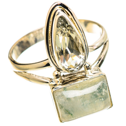 925 sterling silver ring with oval clear stone and rectangular green moonstone center