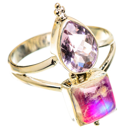 Sterling silver ring with oval amethyst and pink moonstone square stones