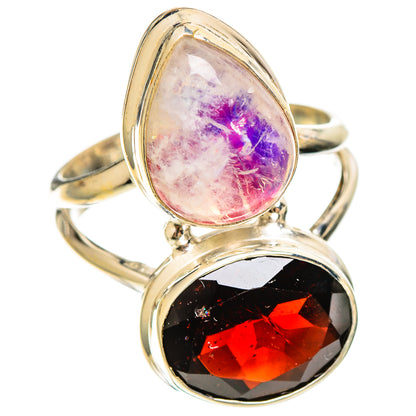 Sterling silver double-stone ring with oval rainbow moonstone and red garnet setting