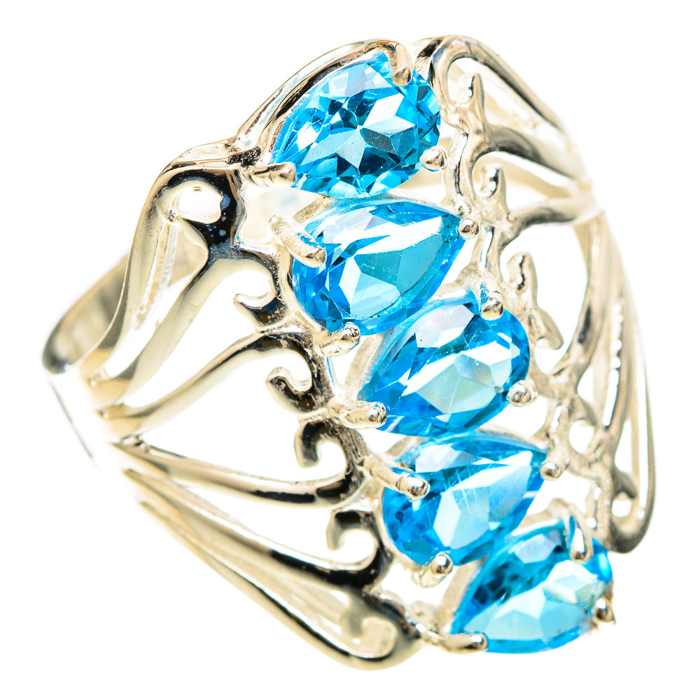 Sterling silver ring with three blue topaz-style gemstones in oval settings
