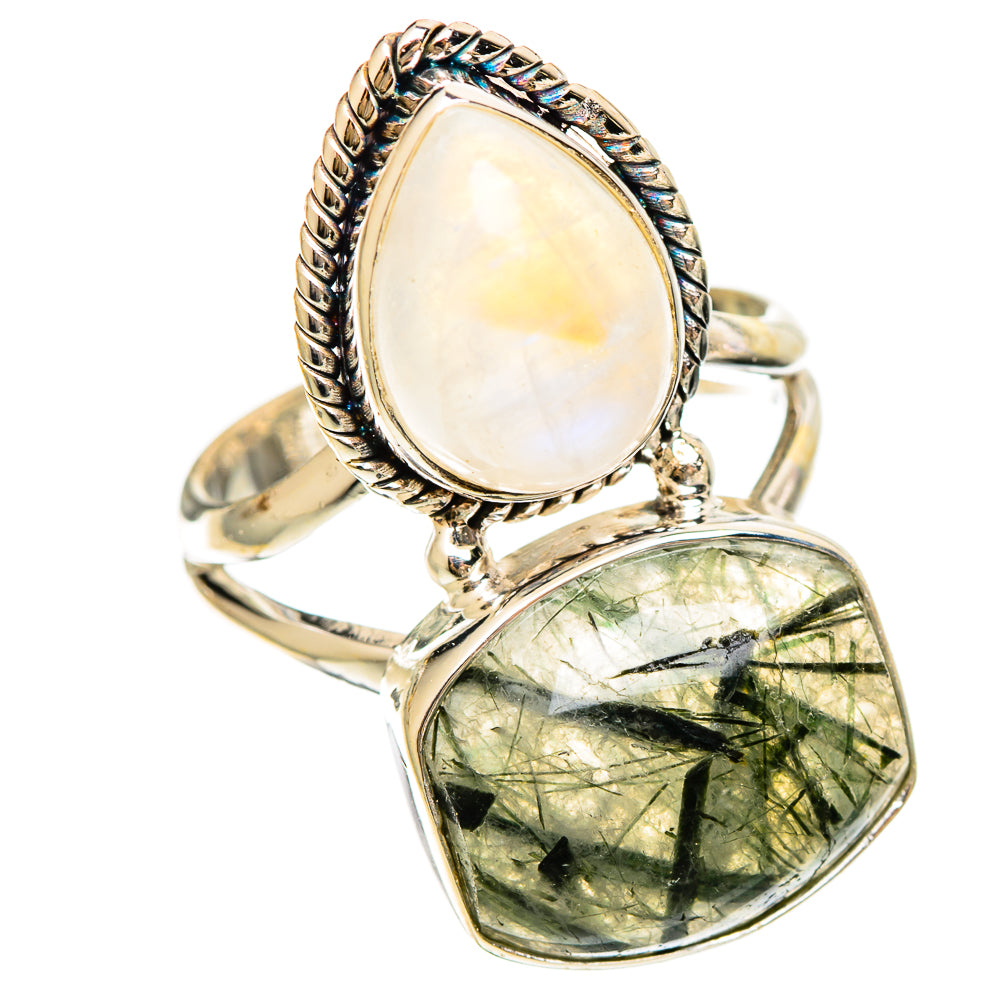 Sterling silver ring with milky moonstone cabochon and green tourmalinated quartz oval