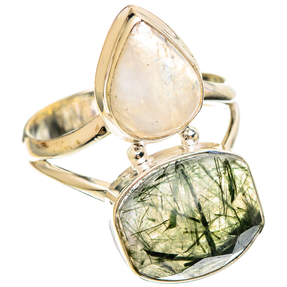 Sterling silver teardrop ring with pale opal-like stone and green quartz teardrop