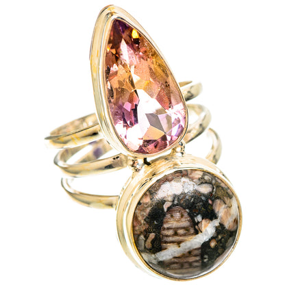Oval ametrine and fossil crinoid double-stone ring in 925 sterling silver, prong-set