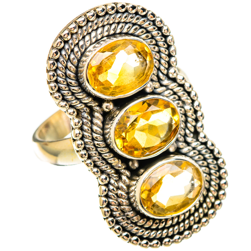 Citrine ring in 925 sterling silver with three faceted oval yellow stones, textured beaded border