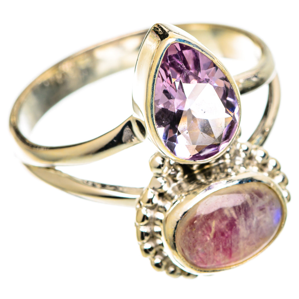 Oval amethyst and pink moonstone 925 sterling silver ring, beaded halo detail