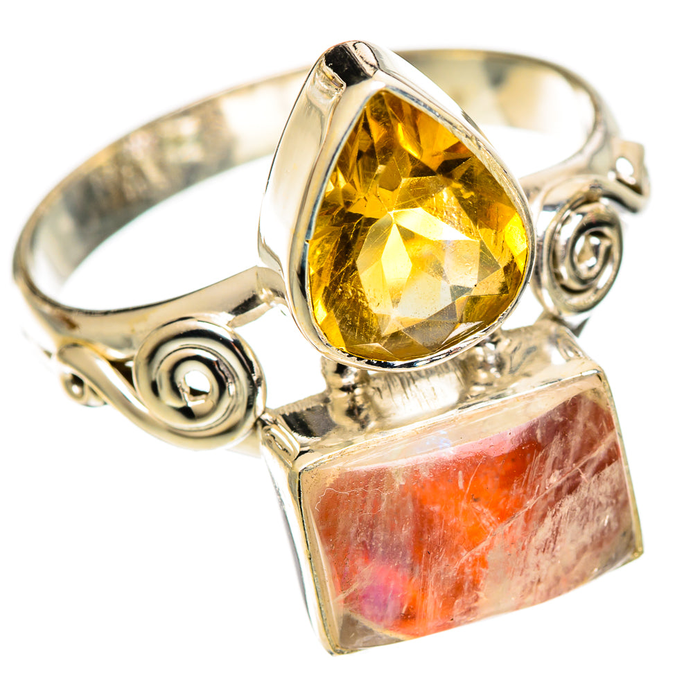 Sterling silver ring featuring teardrop citrine and orange moonstone bezel setting