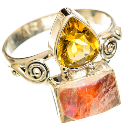 Sterling silver ring featuring teardrop citrine and orange moonstone bezel setting