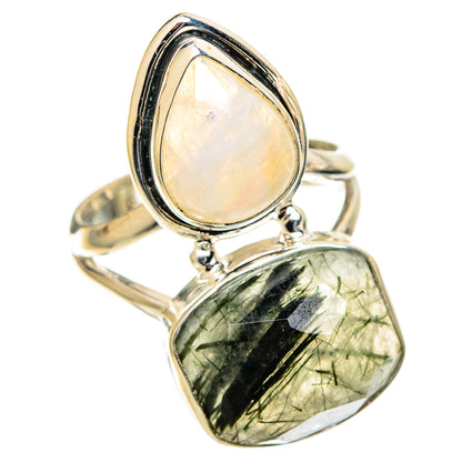 925 sterling silver ring with oval opal moonstone top and pear-cut green tourmalinated quartz