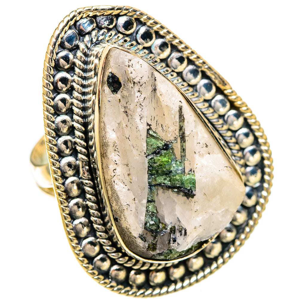 925 sterling silver ring with oval bezel-set quartz and green tourmaline crystal