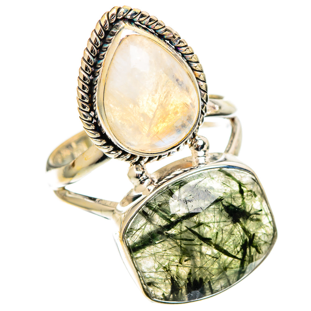 Stacked teardrop gemstone rings with white opal and green quartz stones in silver settings