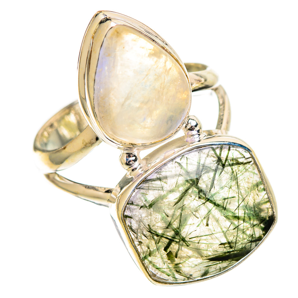 Sterling silver ring with oval moonstone and teardrop green tourmalinated quartz accents