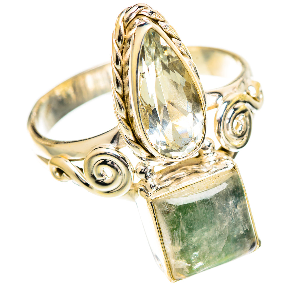 925 sterling silver ring with faceted oval yellow-green stone and green square stone