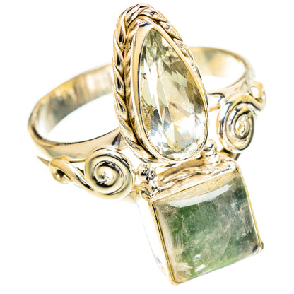 925 sterling silver ring with faceted oval yellow-green stone and green square stone