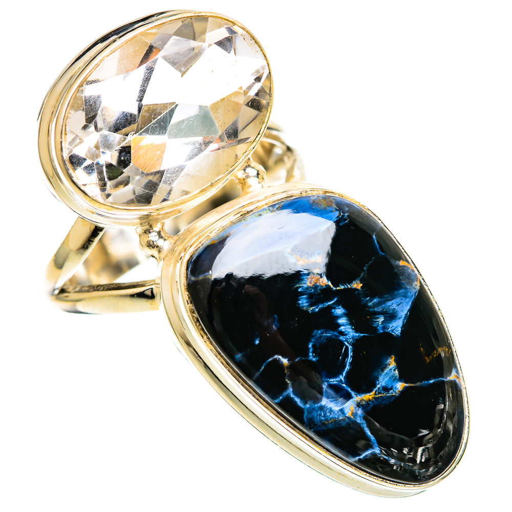 Pietersite and quartz oval double-stone ring with gold-tone bezel setting