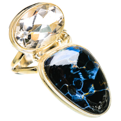 Pietersite and quartz oval double-stone ring with gold-tone bezel setting
