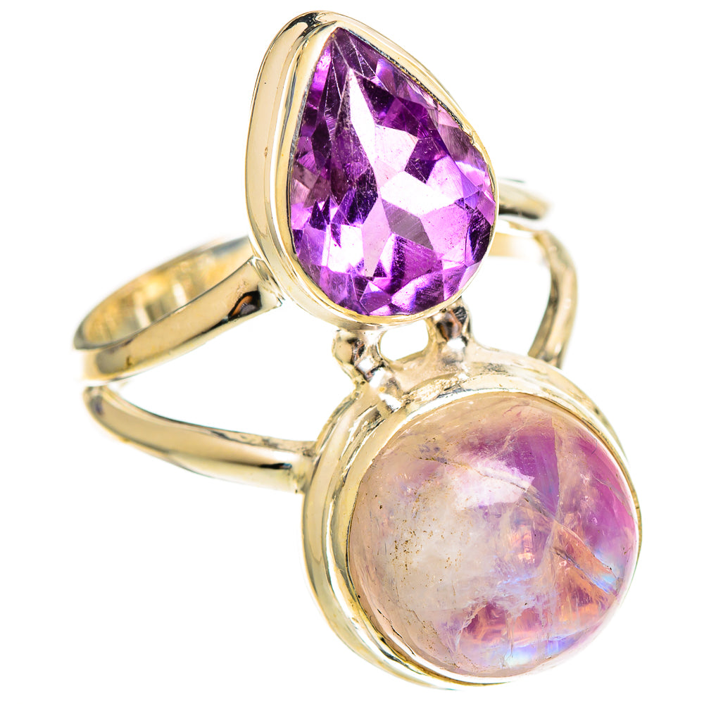 Gold-tone ring with oval amethyst and pink moonstone double-stone setting