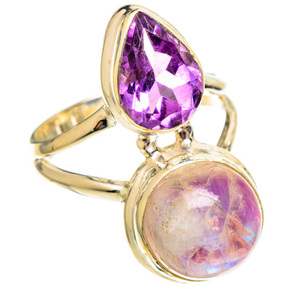 Gold-tone ring with oval amethyst and pink moonstone double-stone setting