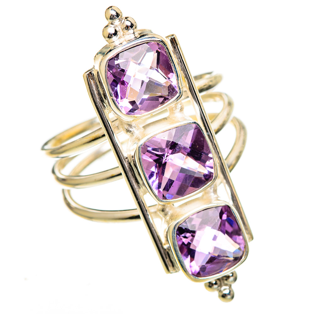 Sterling silver ring with three faceted pink-purple gemstone squares