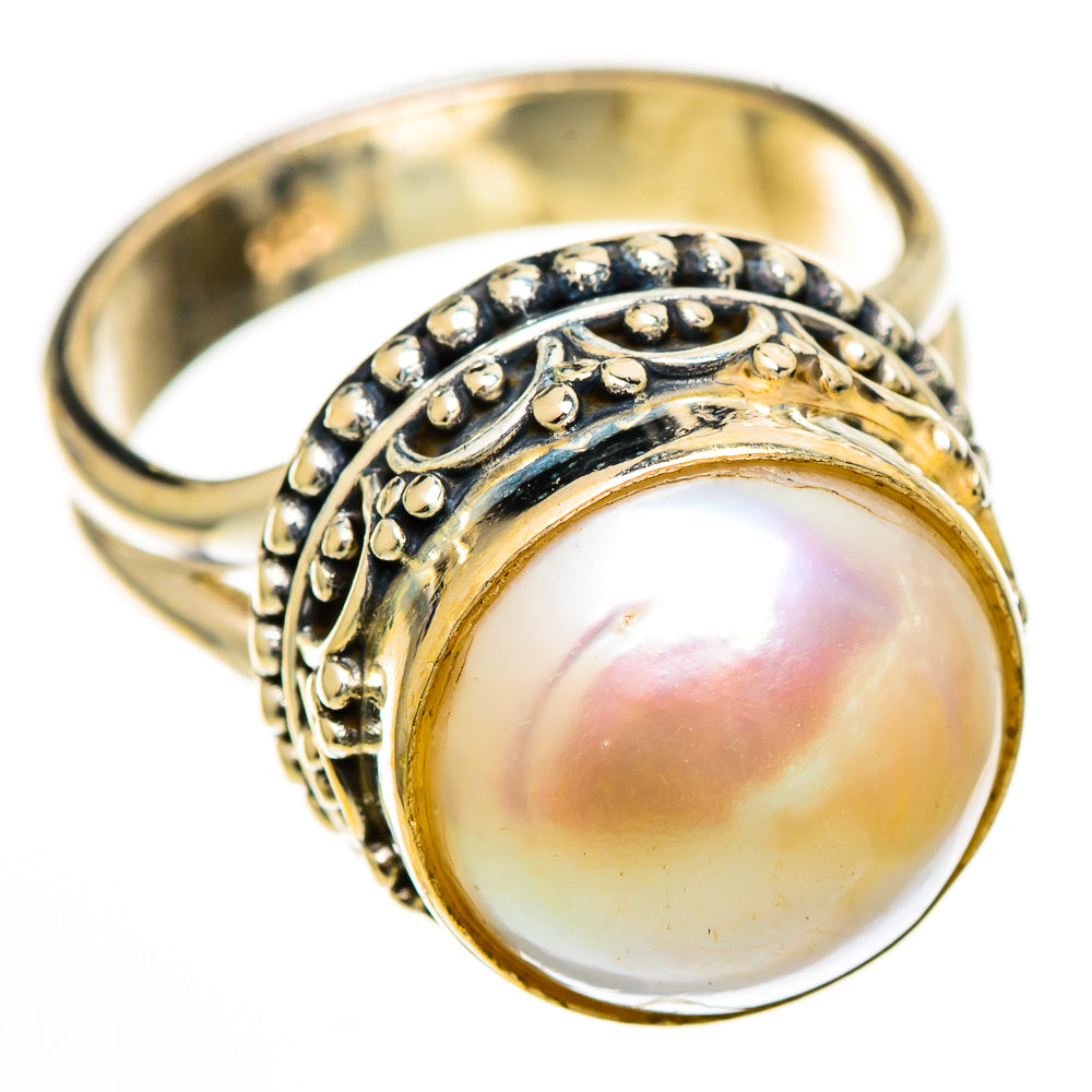 Cultured pearl ring with round iridescent pearl, ornate silver setting, wide band