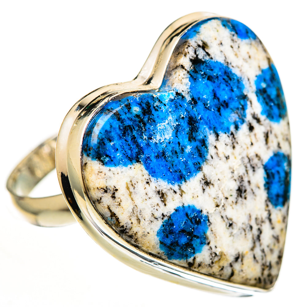 Heart-shaped sterling silver ring with blue azurite stone, angled view