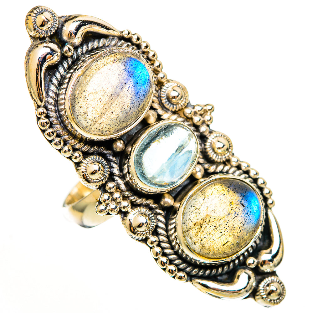 Sterling silver statement ring, three oval stones with blue flash and engraved settings