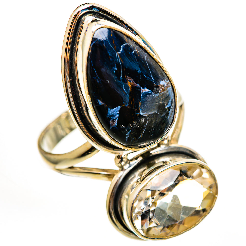 Sterling silver oval pietersite and faceted quartz ring with open band