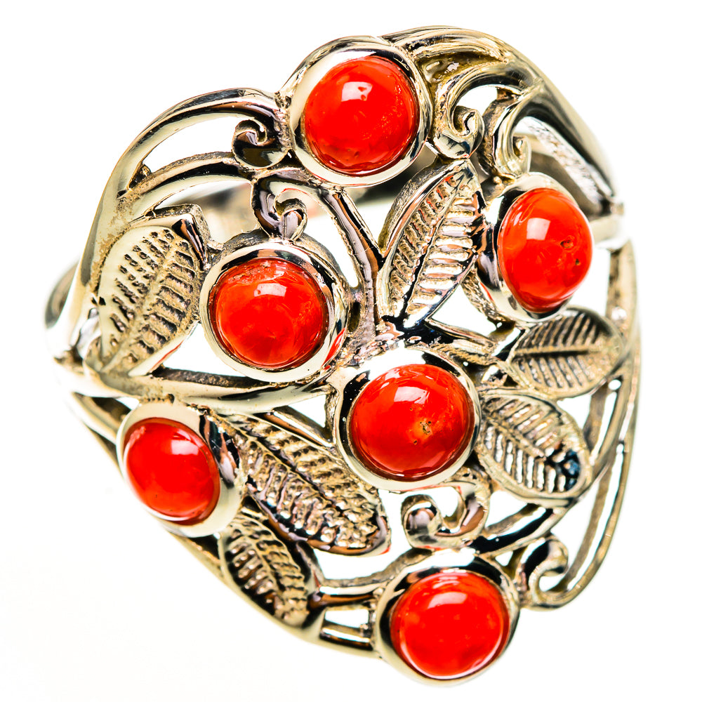 Red coral 925 sterling silver ring, size 10, featuring round red cabochons and engraved leaf pattern
