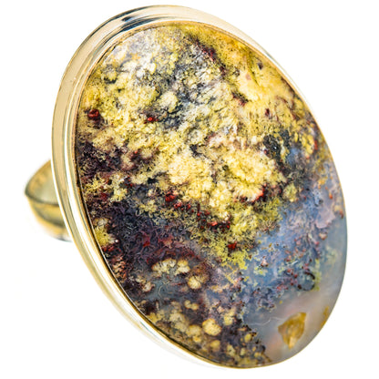 Sterling silver ring with large plume agate oval cabochon, yellow and blue stone