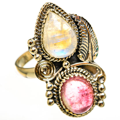 Sterling silver statement ring with rainbow moonstone top, pink tourmaline bottom, beaded border