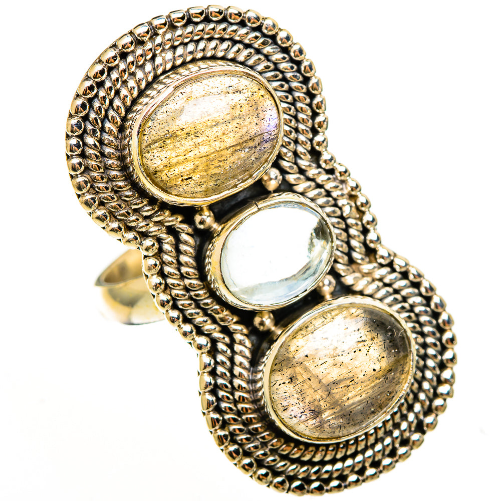 Sterling silver triple-stone ring with oval labradorite and aquamarine cabochons