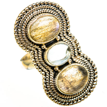 Sterling silver triple-stone ring with oval labradorite and aquamarine cabochons