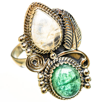 Sterling silver ring with white teardrop moonstone and green oval gemstone