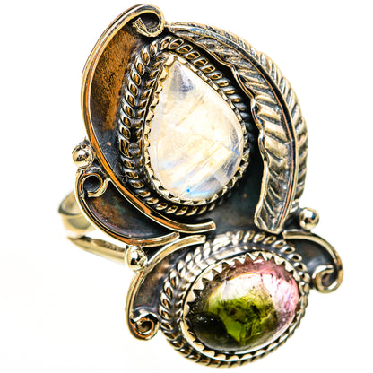 Sterling silver ornate ring with rainbow moonstone and dark watermelon tourmaline cabochon