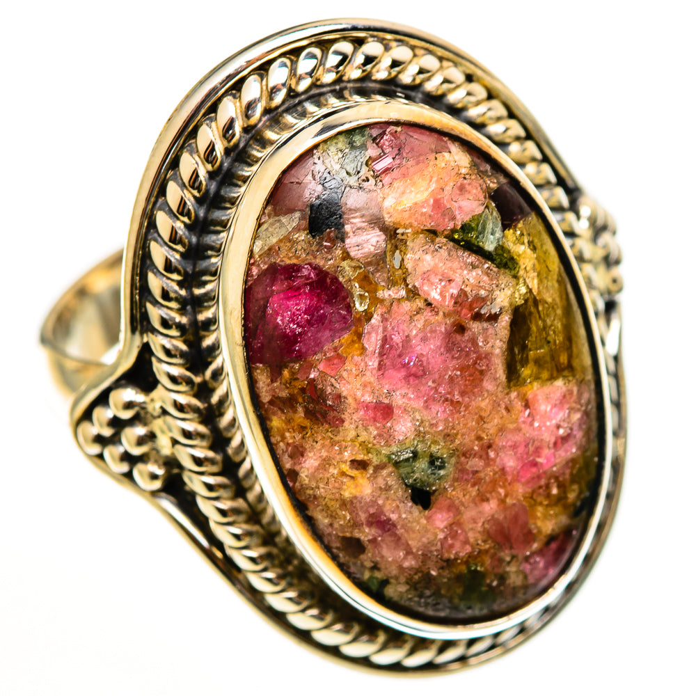 Sterling silver oval tourmaline ring with ornate rope bezel and multicolor gemstone face