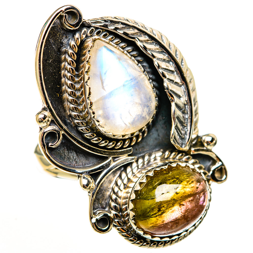 925 sterling silver oval gemstone ring with iridescent moonstone and green-gold tourmaline