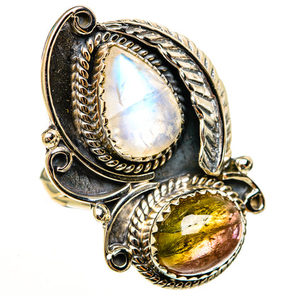 925 sterling silver oval gemstone ring with iridescent moonstone and green-gold tourmaline