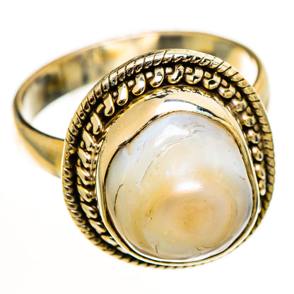 Mother-of-Pearl oval cabochon ring with beaded bezel and textured band