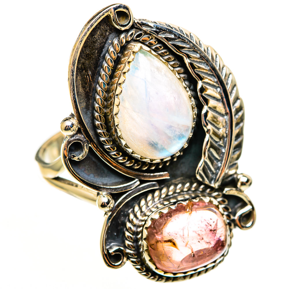 Silver tone oval moonstone top and pink tourmaline bezel ring with leaf and rope details