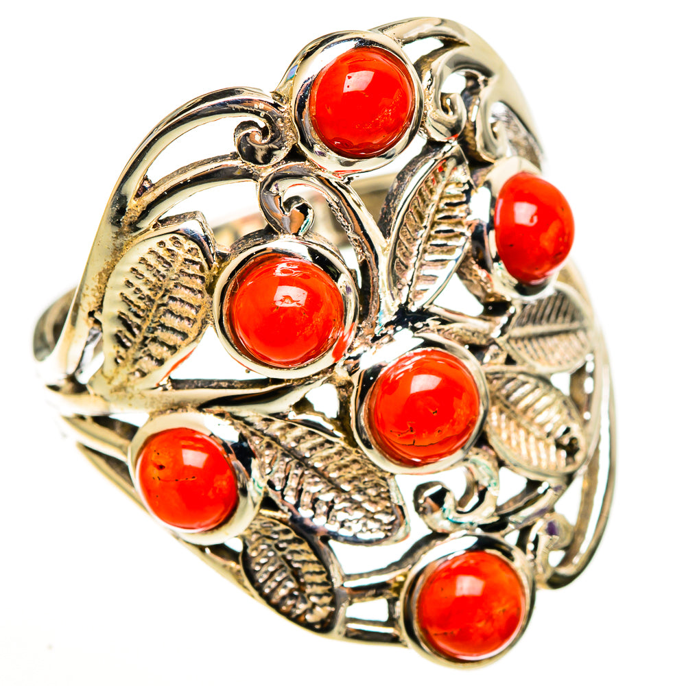 Silver ring with red coral cabochons and leaf filigree, size 8