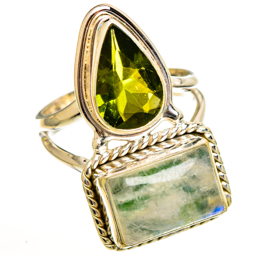 Sterling silver ring with oval green gemstone and rectangular green stone, rope setting