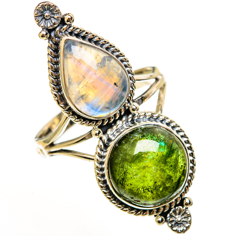 Sterling silver double-stone ring with oval green tourmaline and iridescent moonstone