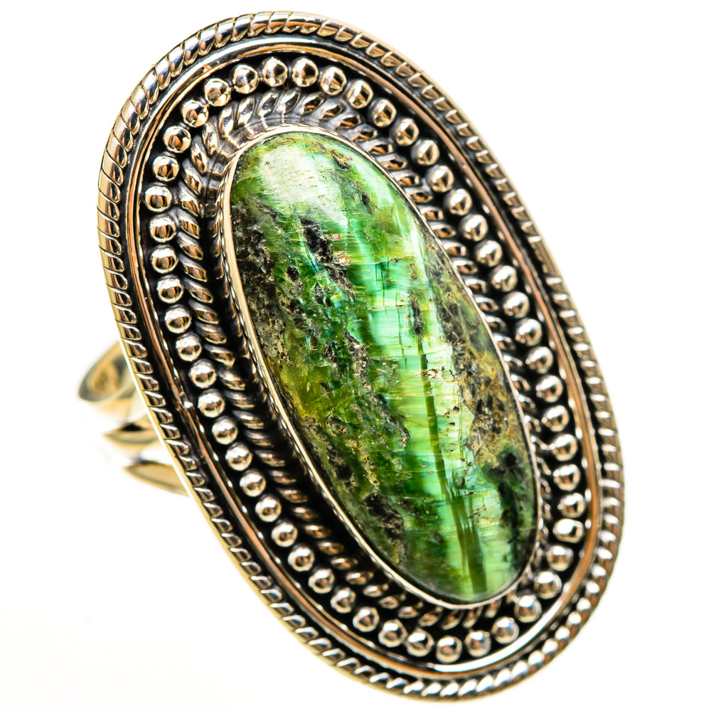 Oval green opal set in 925 sterling silver ring with ornate double beaded frame