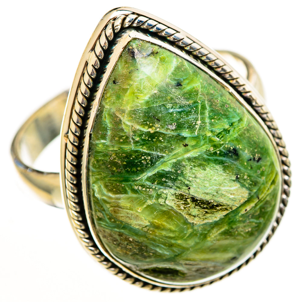Large oval green opal ring with rope bezel, 925 sterling silver, size 12.5