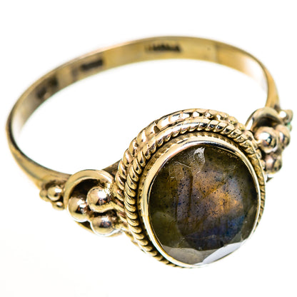 Oval labradorite cabochon ring, rope-framed bezel with bead accents on band