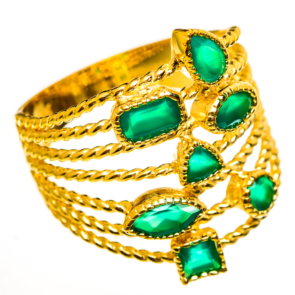 Gold-plated green onyx ring with twisted rope band and clustered green gemstone settings