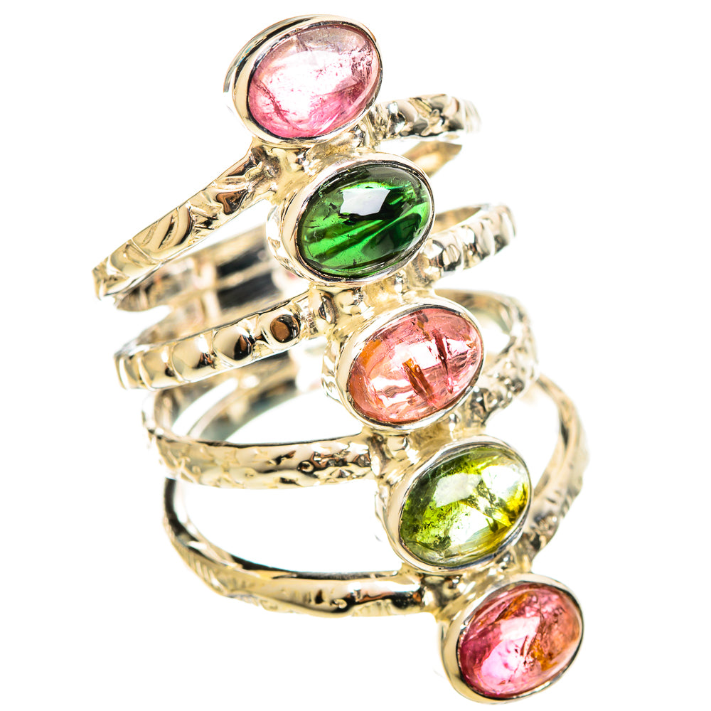 Sterling silver gemstone ring with oval pink and green stones in raised bezel settings