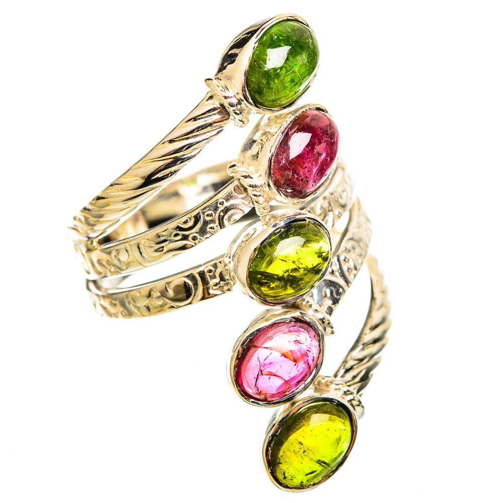 Sterling silver oval-gemstone ring with green, pink/red stones and carved band